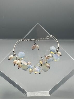 Sterling silver  Opalescent Drop and Pearl Cluster Bracelet